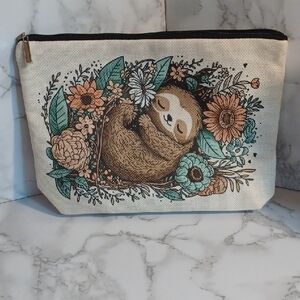 Floral Sloth Canvas Zipper Pouch